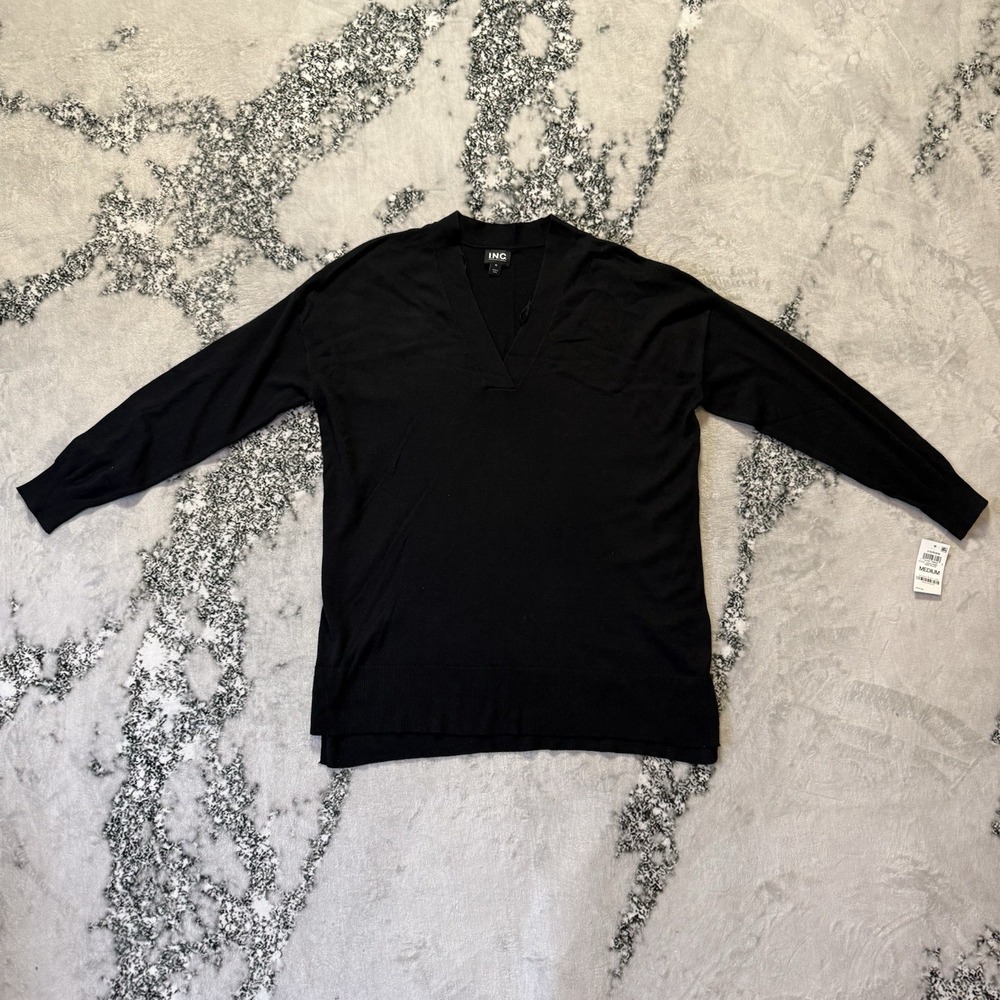 Inc Sweater Womens Size M Deep Black Long Sleeve V Neck Cotton Blend Lightweight